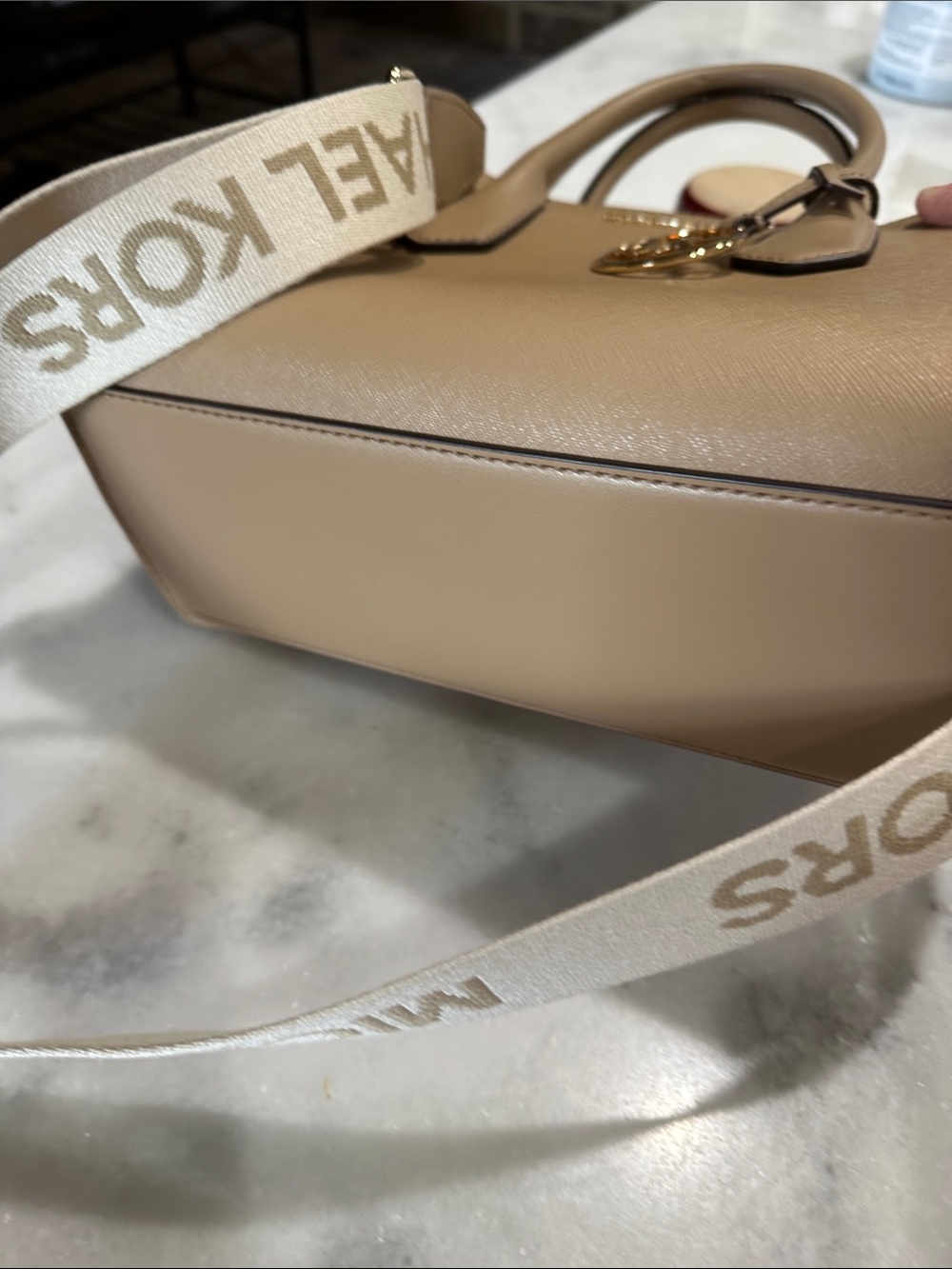 Michael Kors Neutral Beige Saffiano Satchel with Logo Strap - Picture 2 of 3